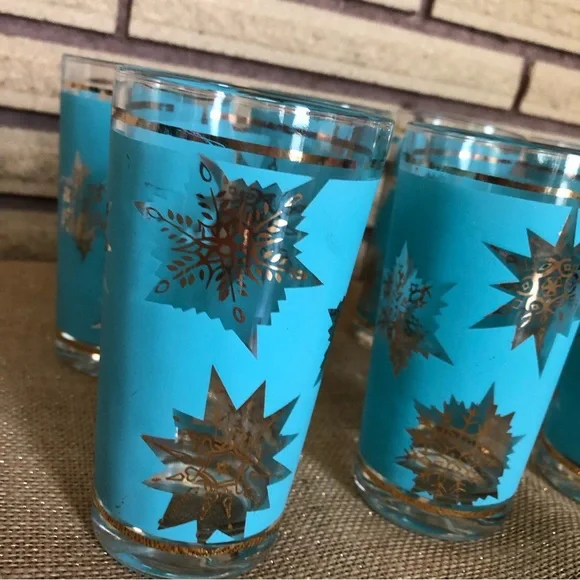 60's Aqua/Gold Starburst Glasses - 8 - Tumblers - Highballs - Barware -Glassware - Picture 7 of 14